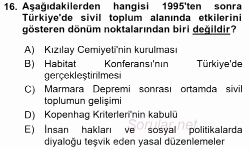 Yeni Toplumsal Hareketler 2017 - 2018 Dönem Sonu Sınavı 16.Soru