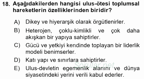 Yeni Toplumsal Hareketler 2017 - 2018 Dönem Sonu Sınavı 18.Soru