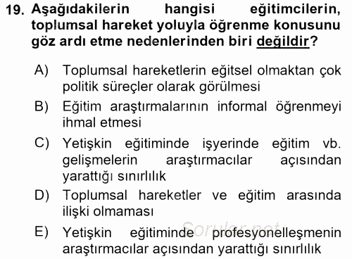 Yeni Toplumsal Hareketler 2017 - 2018 Dönem Sonu Sınavı 19.Soru