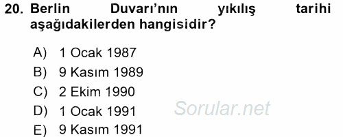 Siyasi Tarih 2 2016 - 2017 Dönem Sonu Sınavı 20.Soru