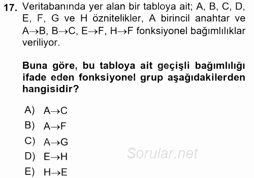 Veritabanı Sistemleri 2016 - 2017 Dönem Sonu Sınavı 17.Soru