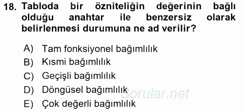 Veritabanı Sistemleri 2016 - 2017 Dönem Sonu Sınavı 18.Soru