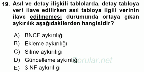 Veritabanı Sistemleri 2016 - 2017 Dönem Sonu Sınavı 19.Soru