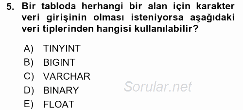 Veritabanı Sistemleri 2016 - 2017 Dönem Sonu Sınavı 5.Soru