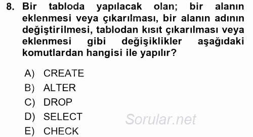 Veritabanı Sistemleri 2016 - 2017 Dönem Sonu Sınavı 8.Soru