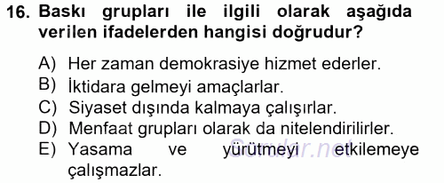 Siyaset Bilimi 2014 - 2015 Tek Ders Sınavı 16.Soru