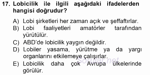 Siyaset Bilimi 2014 - 2015 Tek Ders Sınavı 17.Soru