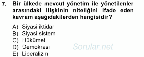 Siyaset Bilimi 2014 - 2015 Tek Ders Sınavı 7.Soru