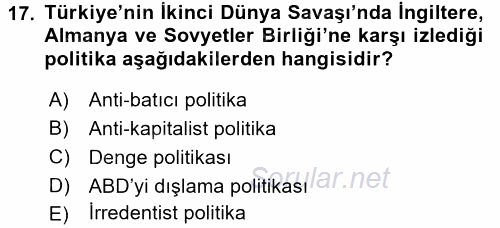 Türk Dış Politikası 1 2016 - 2017 Ara Sınavı 17.Soru