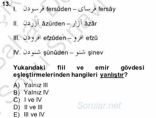 Osmanlı Türkçesi 2 2014 - 2015 Dönem Sonu Sınavı 13.Soru