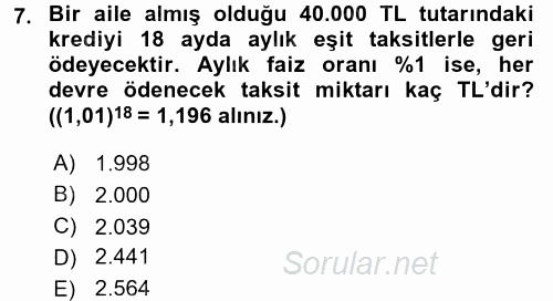 Finans Matematiği 2017 - 2018 Dönem Sonu Sınavı 7.Soru