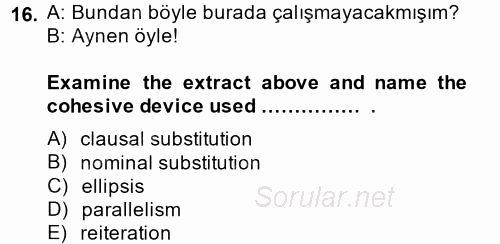 Türkçe Tümce Bilgisi Ve Anlambilim 2014 - 2015 Tek Ders Sınavı 16.Soru