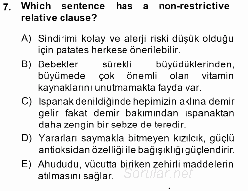 Türkçe Tümce Bilgisi Ve Anlambilim 2014 - 2015 Tek Ders Sınavı 7.Soru