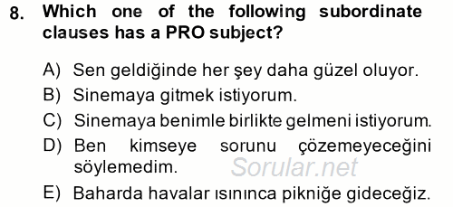 Türkçe Tümce Bilgisi Ve Anlambilim 2014 - 2015 Tek Ders Sınavı 8.Soru