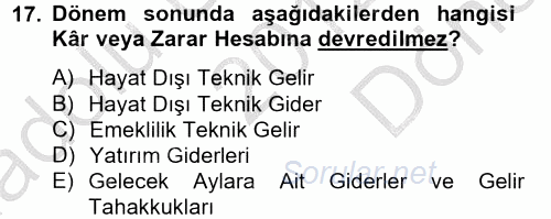 Banka Ve Sigorta Muhasebesi 2012 - 2013 Dönem Sonu Sınavı 17.Soru