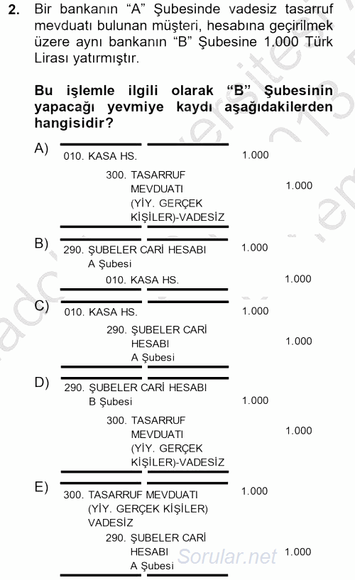 Banka Ve Sigorta Muhasebesi 2012 - 2013 Dönem Sonu Sınavı 2.Soru
