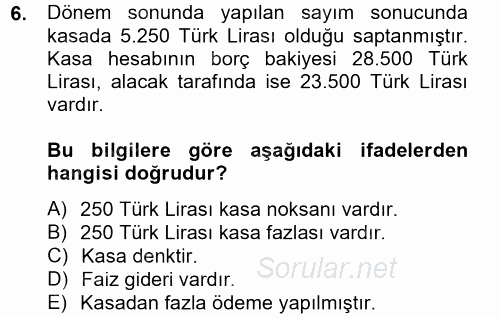 Banka Ve Sigorta Muhasebesi 2012 - 2013 Dönem Sonu Sınavı 6.Soru
