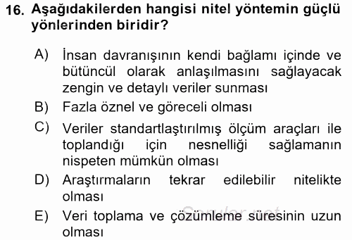 Sosyolojide Araştırma Yöntem ve Teknikleri 2016 - 2017 Ara Sınavı 16.Soru