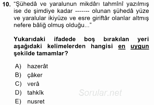 Osmanlı Türkçesi Metinleri 2 2017 - 2018 Dönem Sonu Sınavı 10.Soru