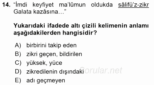 Osmanlı Türkçesi Metinleri 2 2017 - 2018 Dönem Sonu Sınavı 14.Soru