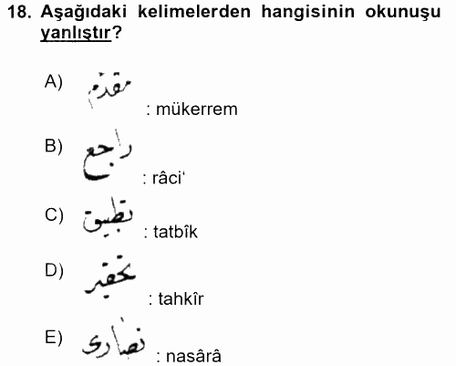 Osmanlı Türkçesi Metinleri 2 2017 - 2018 Dönem Sonu Sınavı 18.Soru