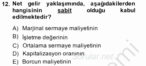 Finansal Yönetim 2014 - 2015 Dönem Sonu Sınavı 12.Soru