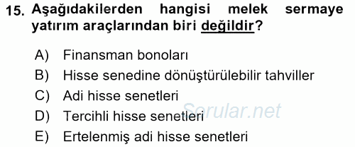 Girişim Finansmanı 2017 - 2018 3 Ders Sınavı 15.Soru