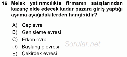 Girişim Finansmanı 2017 - 2018 3 Ders Sınavı 16.Soru