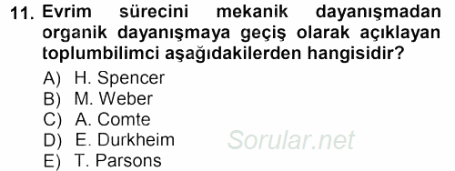 Sosyolojiye Giriş 2014 - 2015 Ara Sınavı 11.Soru