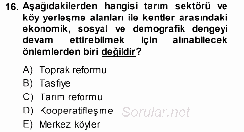 Kentleşme ve Konut Politikaları 2014 - 2015 Dönem Sonu Sınavı 16.Soru