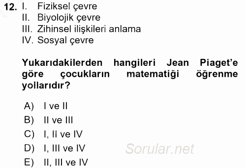 Okulöncesinde Matematik Eğitimi 2016 - 2017 3 Ders Sınavı 12.Soru