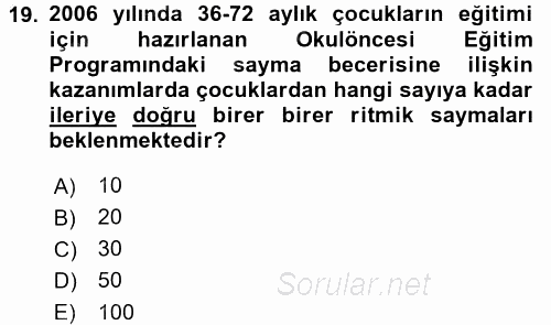 Okulöncesinde Matematik Eğitimi 2016 - 2017 3 Ders Sınavı 19.Soru