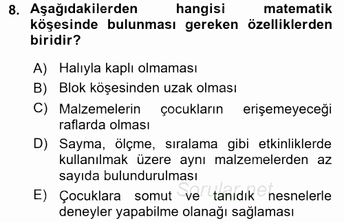 Okulöncesinde Matematik Eğitimi 2016 - 2017 3 Ders Sınavı 8.Soru