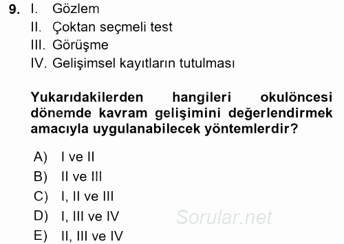 Okulöncesinde Matematik Eğitimi 2016 - 2017 3 Ders Sınavı 9.Soru