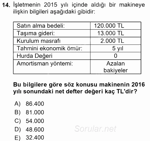 Muhasebe Uygulamaları 2017 - 2018 Ara Sınavı 14.Soru