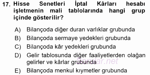 Muhasebe Uygulamaları 2017 - 2018 Ara Sınavı 17.Soru