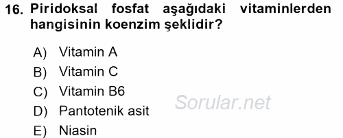 Temel Veteriner Biyokimya 2015 - 2016 Tek Ders Sınavı 16.Soru