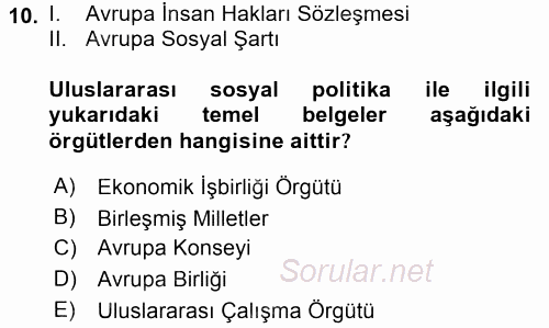 Uluslararası Sosyal Politika 2015 - 2016 Tek Ders Sınavı 10.Soru
