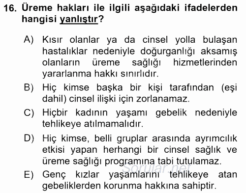 Aile Yapısı ve İlişkileri 2016 - 2017 Dönem Sonu Sınavı 16.Soru