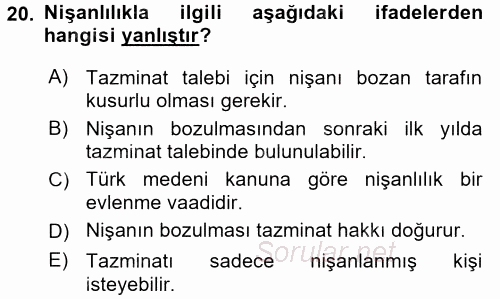 Aile Yapısı ve İlişkileri 2016 - 2017 Dönem Sonu Sınavı 20.Soru