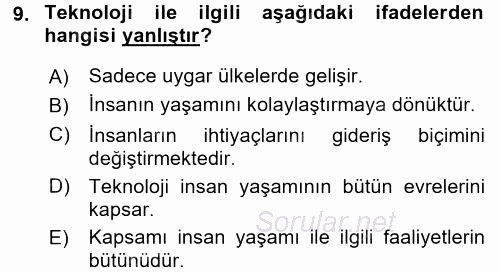 Aile Yapısı ve İlişkileri 2016 - 2017 Dönem Sonu Sınavı 9.Soru