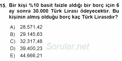 Finansal Ekonomi 2015 - 2016 Dönem Sonu Sınavı 15.Soru