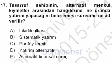 Finansal Ekonomi 2015 - 2016 Dönem Sonu Sınavı 17.Soru