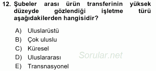 Uluslararası İşletmecilik 2017 - 2018 Ara Sınavı 12.Soru