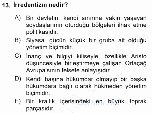 Siyasi Tarih 1 2016 - 2017 3 Ders Sınavı 13.Soru