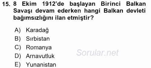 Siyasi Tarih 1 2016 - 2017 3 Ders Sınavı 15.Soru