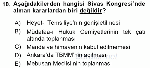 Atatürk İlkeleri Ve İnkılap Tarihi 1 2017 - 2018 3 Ders Sınavı 10.Soru