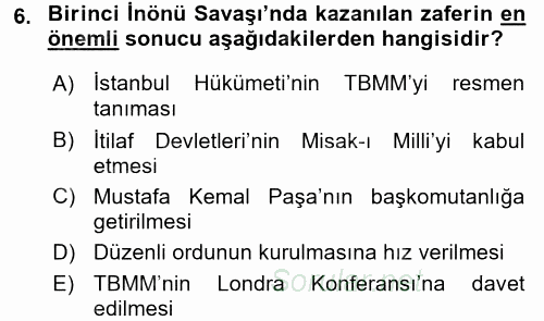 Atatürk İlkeleri Ve İnkılap Tarihi 1 2017 - 2018 3 Ders Sınavı 6.Soru