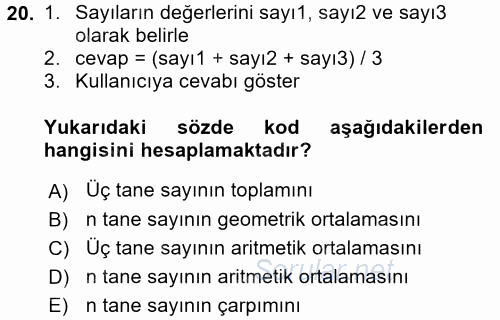 Programlama Ve Algoritmalar 2017 - 2018 Ara Sınavı 20.Soru