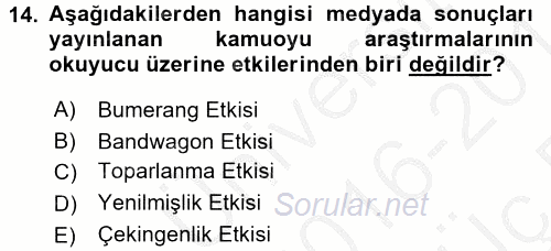 Medya ve İletişim 2016 - 2017 3 Ders Sınavı 14.Soru